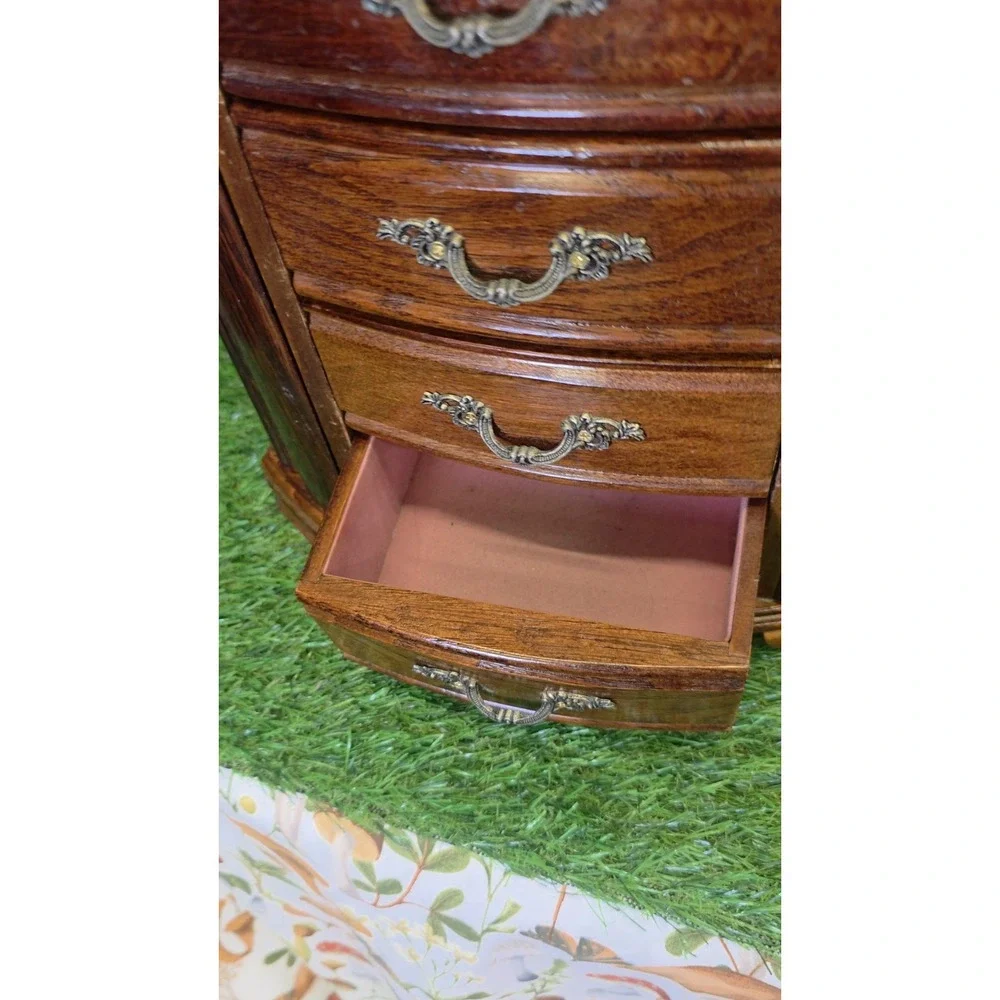 Vintage Mele Oak Wood Jewelry Box Drawers, Doors, And Lift Top 13.75